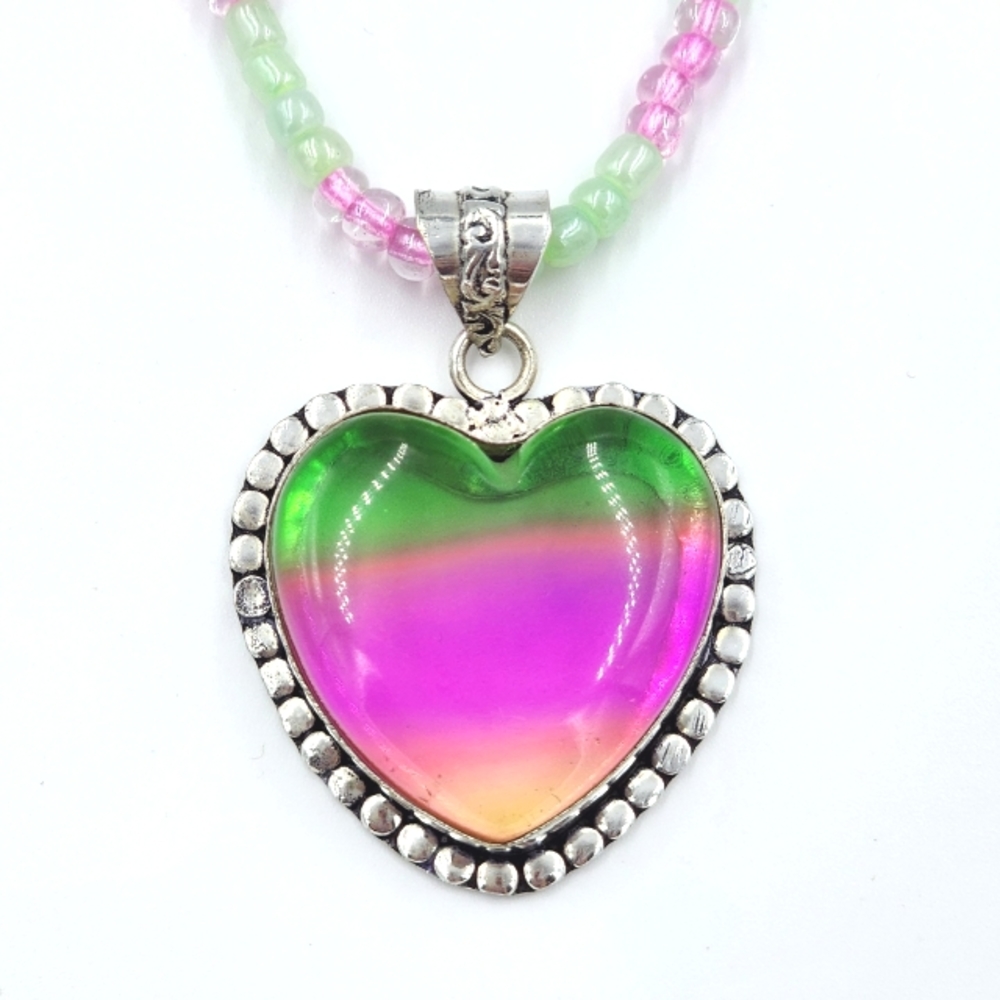 Tri-Color Tourmaline Heart Pendant Hand Crafted Seed Bead Necklace 18"